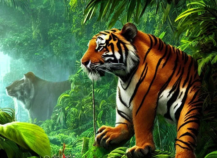 Image similar to a moist and misty jungle, a majestic tiger peeks through the brush, vines swoop in to frame, full color, depth of field, cinematic, digital art in the style of Disney live action the jungle book,