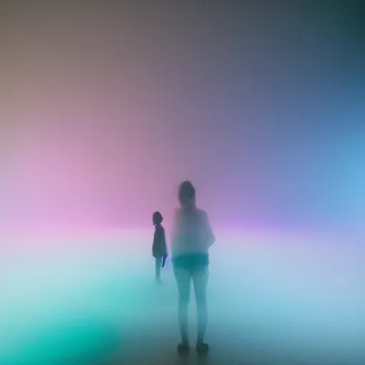 Image similar to A room filled with fog, dimly lit, a person is in the fetal position in the middle of the room, cyan lights emanate downwards into a refracting glow, depth of field, tilt-shift, dreamy, ominous glow, pastel overflow, melting