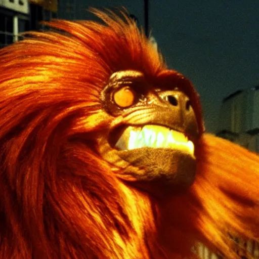 Prompt: golden lion tamarin destroying tokyo in the style of the movie godzilla, cinematic lighting, cinematic framing and shadows 1 9 7 0 s aesthetic