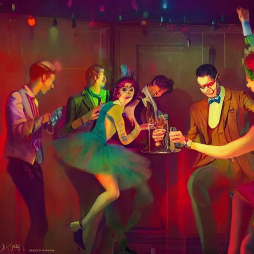 Image similar to young people in a fancy vintage nightclub dancing and drinking, partylights, great colors, by esao andrews, trending on artstation