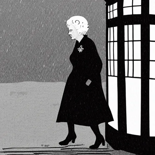 Prompt: Concept art of Queen Elizabeth II stepping out of the Tardis on a dark rainy London street