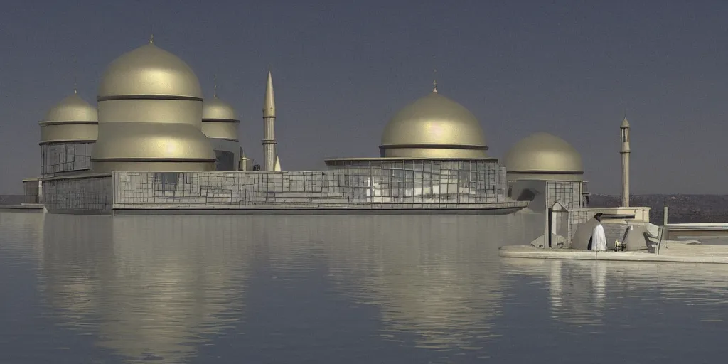 Image similar to mosque floating spaceship by louis kahn, golds fantasy world