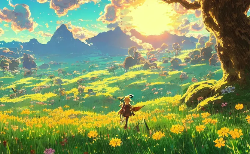 Image similar to fantastic anime sunny meadow with flowers, lone old Oak in the middle plane and mountains on the background, by Hayao Miyazaki, Nausicaa, Ghibli, Breath of the wild, Anime wallpaper