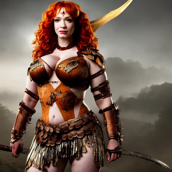 Image similar to full body photograph of christina hendricks as a amazon warrior. Extremely detailed. 8k