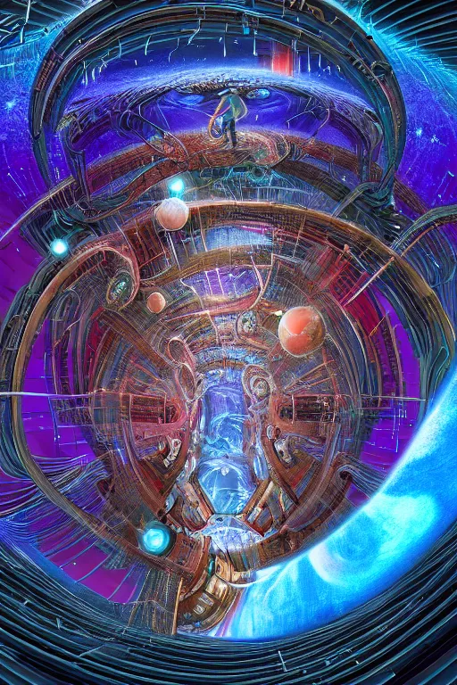 Prompt: the machine universe encounters a living cosmos inside an asymmetric orthogonal non - euclidean upside down inside out world with an infinite cosmic spiral waterfall of living information, inspired by android jones and blake foster, hyperrealistic, extreme detail, psychedelic visionary digital art, concept art, rendered in cinema 4 d, cryengine 8 k