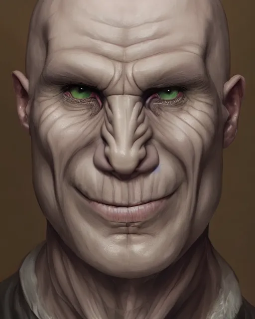 Image similar to portrait of lord voldemort, a 4 0 - year - old bald man, with a white complexion, wide, cat - like scarlet eyes, without nose, and a thin mouth, hyper realistic face, beautiful eyes, character art, art by mark brooks, hyperdetailed, cryengine, trending on artstation, digital art