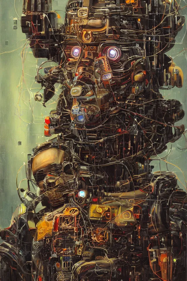 Prompt: a striking oil on canvas portrait of a cybernetic cyberpunk eurorack modular synthesizer dwarf with cable beard in the style of Brom