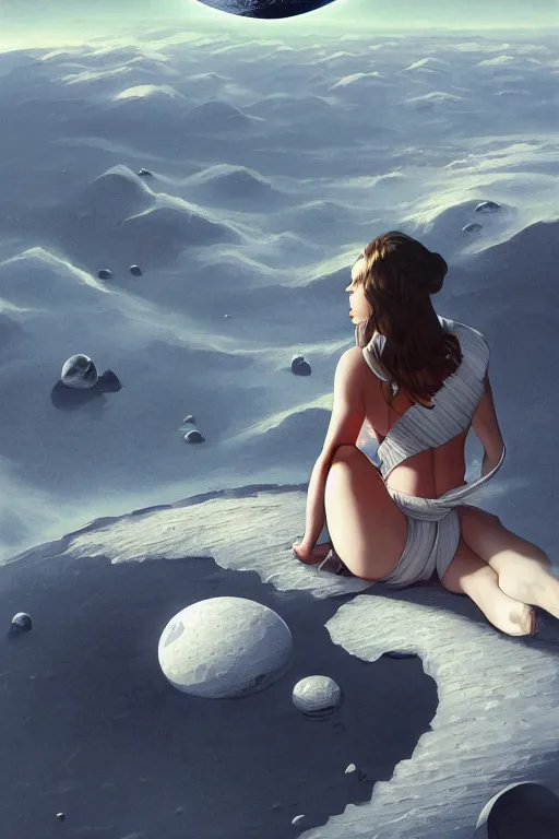 Image similar to Woman sitting on the moon with a view of the earth in the background, elegant, digital painting, highly detailed, artstation, concept art, smooth, sharp focus, illustration, art by artgerm and greg rutkowski.