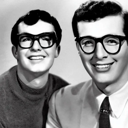 Image similar to a man who looks just like buddy holly, next to a man who looks like mary tyler moore. they do not care what they say about them. homies are dissing their girl as the picture is taken. stunning photography.