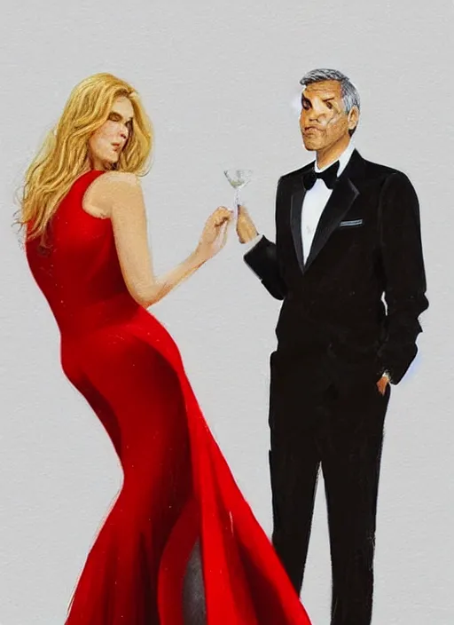 Image similar to portrait of george clooney wearing a formal black suit and kim basinger wearing a red dress in love, intricate, elegant, glowing lights, highly detailed, digital painting, artstation, glamor pose, concept art, smooth, sharp focus, illustration, art by wlop and greg rutkowski