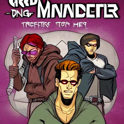 Prompt: a grifter, a hacker, a thief, and a mastermind in the style of a d&d cover