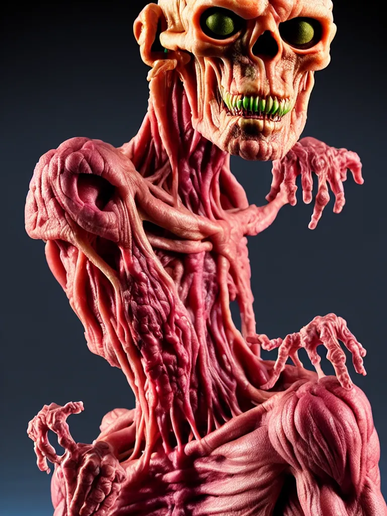 Image similar to hyperrealistic rendering, cronenberg flesh monster skeletor by art of skinner and richard corben and jeff easley, product photography, action figure, sofubi, studio lighting, colored gels