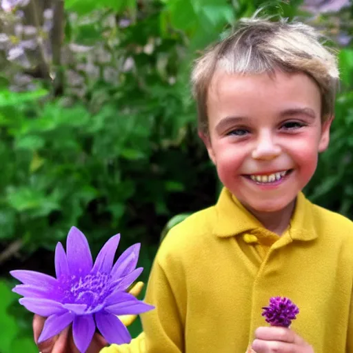 Image similar to the little prince of saint exupery smiling with a purple flower on his hand made of clay