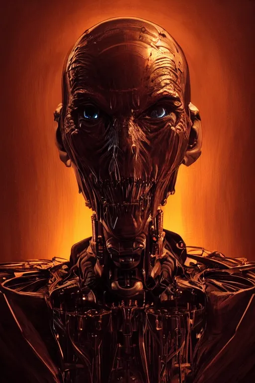 Image similar to portrait of a old vampire robot, intricate wrinkles, dystopian sci-fi, terrorpunk, sharp black fangs, night light, extremely detailed, digital painting, candles, sculpted in zbrush, artstation, concept art, smooth, sharp focus, illustration, chiaroscuro lighting, golden ratio, incredible art by Stanley Artgerm Lau and Greg Rutkowski, composition by Alphonse Mucha and Simon Stalenhag