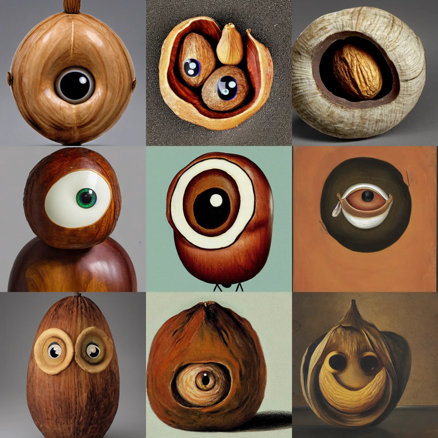 Prompt: a large nut with two eyes looks with condemnation