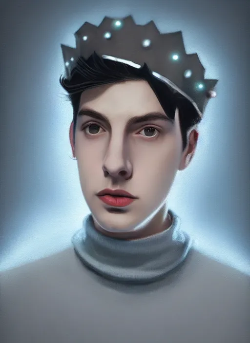 Image similar to portrait of teenage jughead jones wearing a light grey crown, crown, blue turtleneck, 1 9 5 0 s, closed eyes, photorealistic, black hair, glowing lighting, intricate, elegant, glowing lights, highly detailed, digital painting, artstation, concept art, smooth, sharp focus, illustration, art by wlop, mars ravelo and greg rutkowski