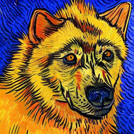 Image similar to retarded wolf portrait, van gogh style, complimentary colors