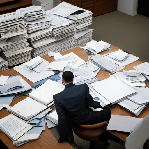 Prompt: a worker in an office, completely buried in a massive heap of paperwork