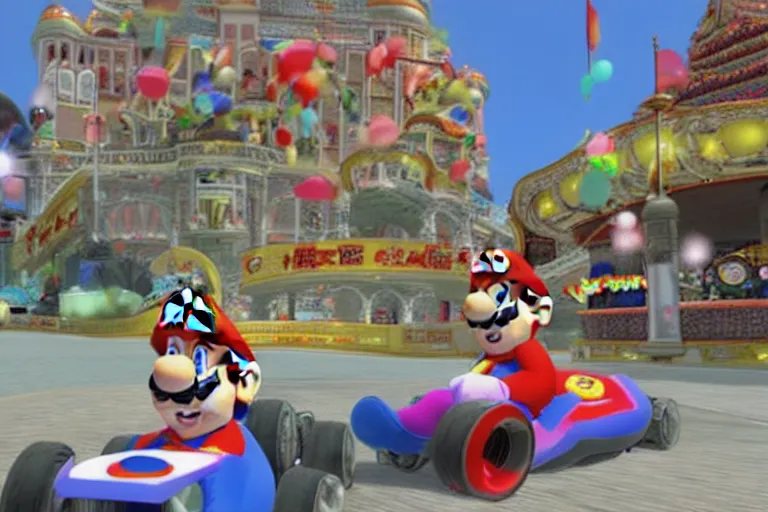 Image similar to mario kart in tiannmen square, ingame screenshot, highly detailed