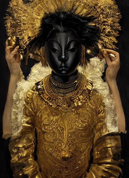 Prompt: highly detailed oil painting | very intricate | cinematic lighting | black, white and gold color scheme, dark background | the yoruba mask by alexander mcqueen | by roberto ferri, by gustav moreau, by singer sargent and klimt, american romanticism, by austin osman spare, artstation, cgsociety, official art, octane