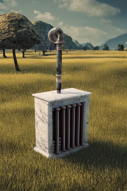 Prompt: a detailed render of an isolated lonely marble pipe organ, in the middle of a field, supported by a lone stone column, trending on artstation, render, 3 d, octane, 4 k, 8 k, unreal engine, cinema 4 d, baroque, art deco