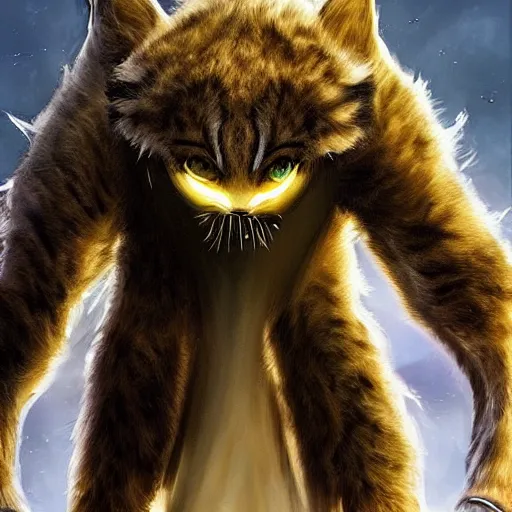 Image similar to a humanoid with cat-like features, yellow eyes, teeth that protrude past the lower lip (sort of like a saber-tooth tiger) and fine grayish fur on their faces and backs of their hands wearing futuristic alien armor and carrying weapons, octane,