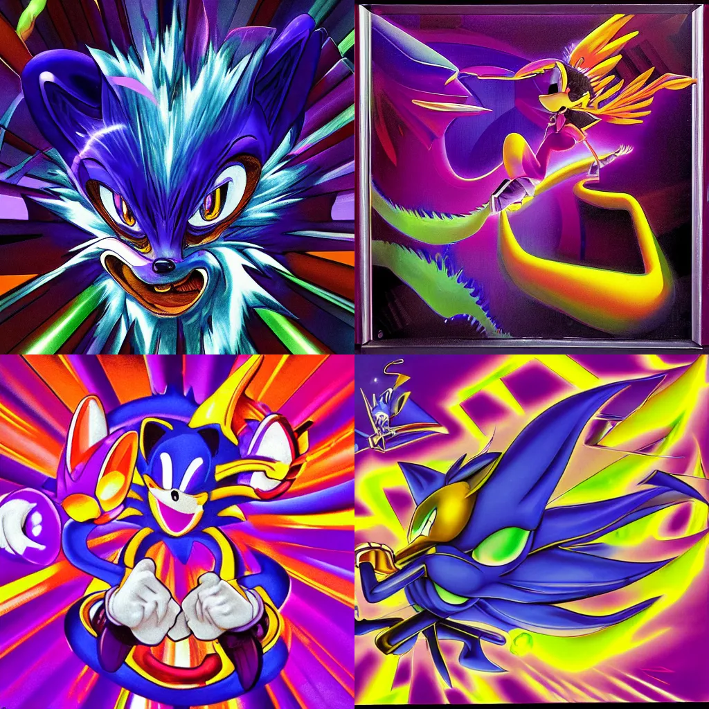 Image similar to surreal, sharp, detailed professional, high quality airbrush art MGMT album cover of a liquid dissolving DMT sonic the hedgehog, purple checkerboard background, 1990s 1992 Sega Genesis video game box art
