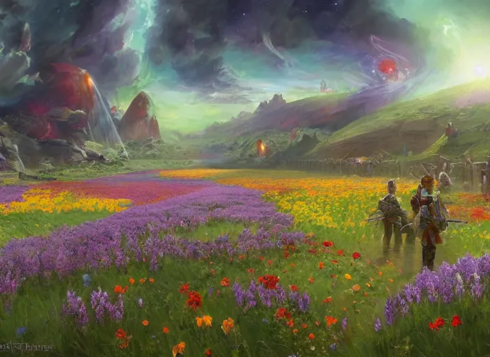 Prompt: what was once a bloody battlefield is now a flower field in the cosmic sky by vladimir volegov and alexander averin and peder mørk mønsted and adrian smith and raphael lacoste