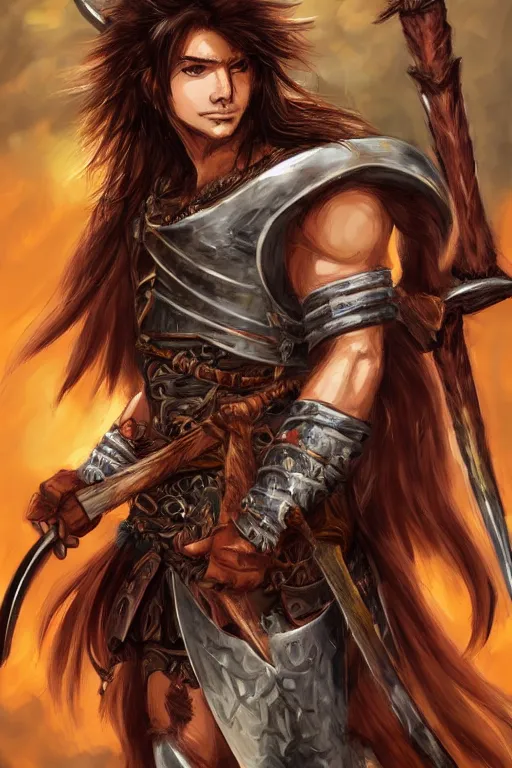 Image similar to A realistic anime portrait of a young handsome male barbarian with long wild hair, intricate fantasy spear, plated armor, D&D, dungeons and dragons, tabletop role playing game, rpg, jrpg, digital painting, by Ayami Kojima, digtial painting, trending on ArtStation, SFW version