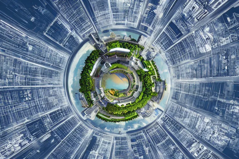 Prompt: futuristic upside down city on a tiny planet, 4 k, realistic, high detail