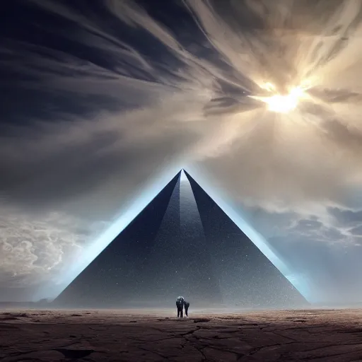 Prompt: an epic view of a giant glass obsidian pyramid rises out of the sand, surrounded by clouds, dust, dramatic lighting, artstation