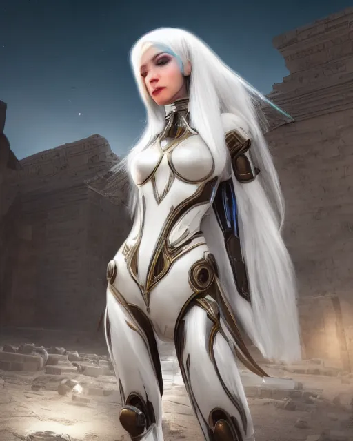 Image similar to android girl in egyptian ruins, warframe armor, white hair, atmosphere, glow, detailed, intricate, beautiful face, cinematic lighting, trending on artstation, blue eyes, 4 k, focused, extreme details, cinematic, masterpiece, by akihito tsukushi