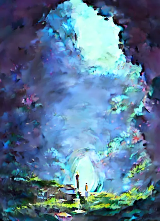 Image similar to a cave where can see a super nice garden, neon circular light round it, illustration concept art anime key visual trending pixiv fanbox by wlop and greg rutkowski and makoto shinkai and studio ghibli