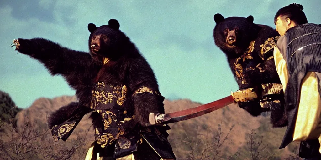 Image similar to scene from Shogun’s Shadow, 1989, movie still, cinematic, anthropomorphic, half man half asian black bear, black bear samurai, Moon Bear Samurai, epic, samurai