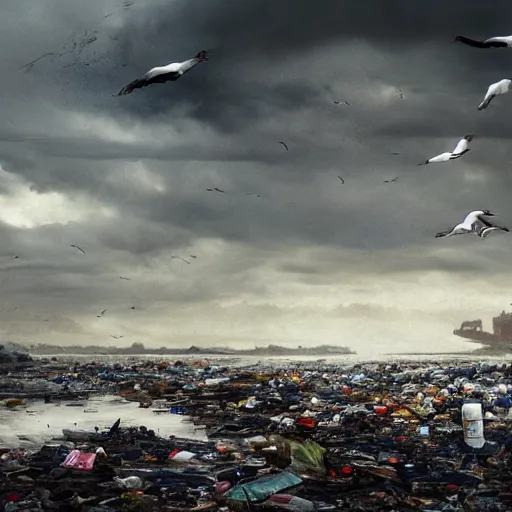 Prompt: on water, enormous huge islands of tyres and garbage floating, seagulls flying in the forecasted sky, dramatic light, post apocalyptic, rainy weather, wet,highly detailed, wide shot, 8K mate painting, concept