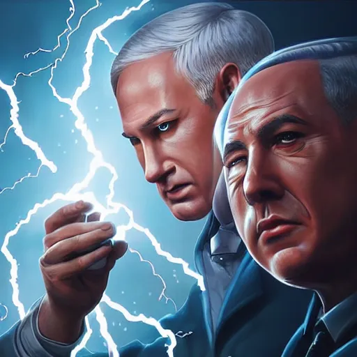 Prompt: benjamin netanyahu shooting lightning bolts with his hands like zeus, highly detailed, by artgerm and greg rutkowski