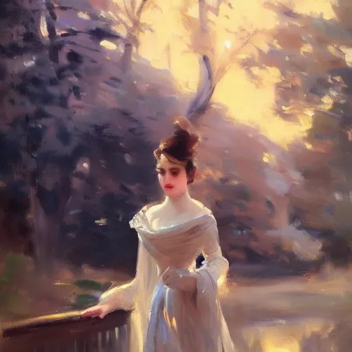 Prompt: beautiful and stunning portrait of a woman in a serene environment. by Antoine Blanchard and John Singer Sargent, trending on artstation 8k hq, art deco, cinematic lighting