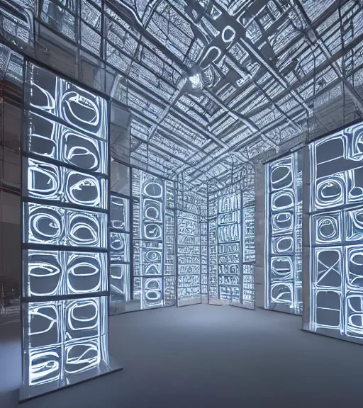 Prompt: x - ray cyber architecture installation, art exhibition, biennale, museum, vr, virtual