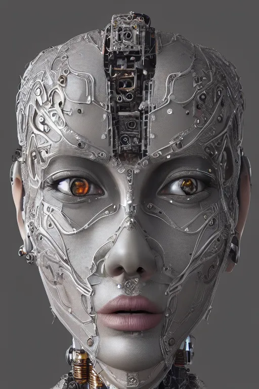 Image similar to a beautiful and young fully cybernetic female with a body mostly made of mechanical parts adorned digital detail and some ornate geometric carvings female human face, intricate, elegant, very detailed, hyper real, octane render, 8k, trending on Artstation