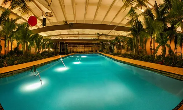 Image similar to indoor pool with ferns and palm trees at night, shops, pool tubes, chromatic abberation, dramatic lighting, dim lighting, horror lighting, depth of field, 80s photo, wideangle, fisheye