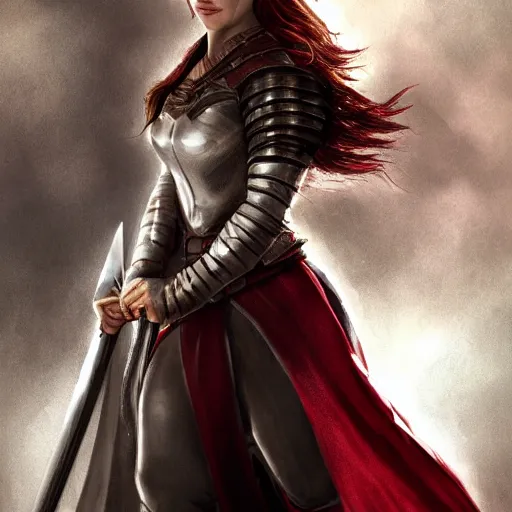 Image similar to emilia clarke, as a medieval fantasy character, with dark reddish hair, wearing light, silver armor and red clothing, tan complexion, holding a longsword, neutral expression, noble, cinematic, dark, realistic, digital art, 8 k