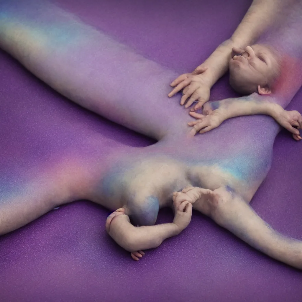 Image similar to cinestill close - up of iridiscent oil slick corpses connected by tubes to wax technical forms to a buried baby relaxing on yoga mat, faded, iridiscent gradient, purple fog, depth of field, blur, very detailed, by nadav kander and hans bellmer, 8 k, ultrarealistic, sad atmosphere, cinematic, 8 5 mm lens