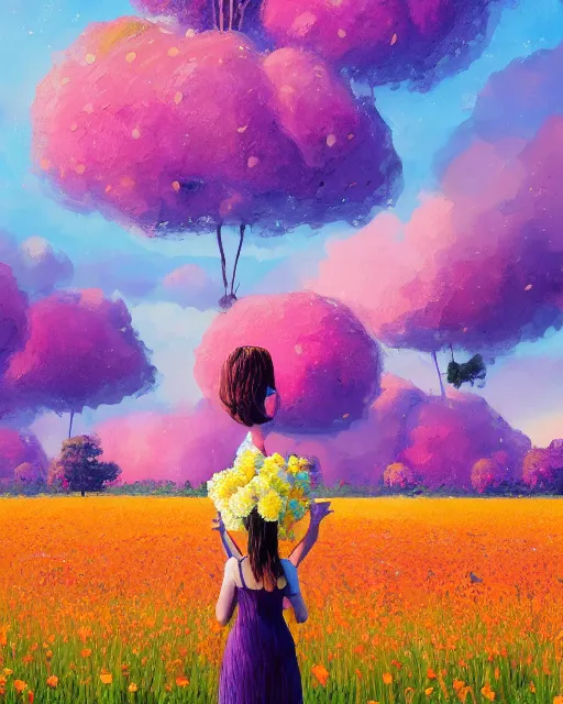 Image similar to girl with giant flower as a face and flower dress, standing in a flower field hills, big trees, sunrise dramatic light, impressionist painting, colorful clouds, digital painting, pointillism, artstation, simon stalenhag