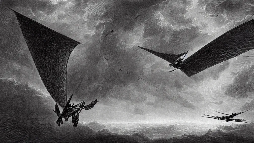 Image similar to drawing of an ornithopter flying toward a desert storm, by gustave dore, nineteenth century, black and white, vintage, science fiction, epic composition, dramatic lighting, highly detailed, cinematic