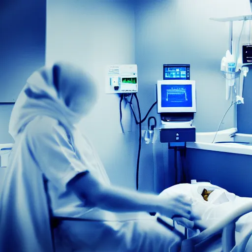 Image similar to IV station with patient in hospital bed getting blood transfusion, digital art