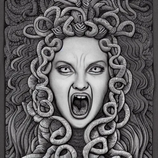 Image similar to detailed, portrait of medusa, screaming, surrounded by lotus flowers and geometry