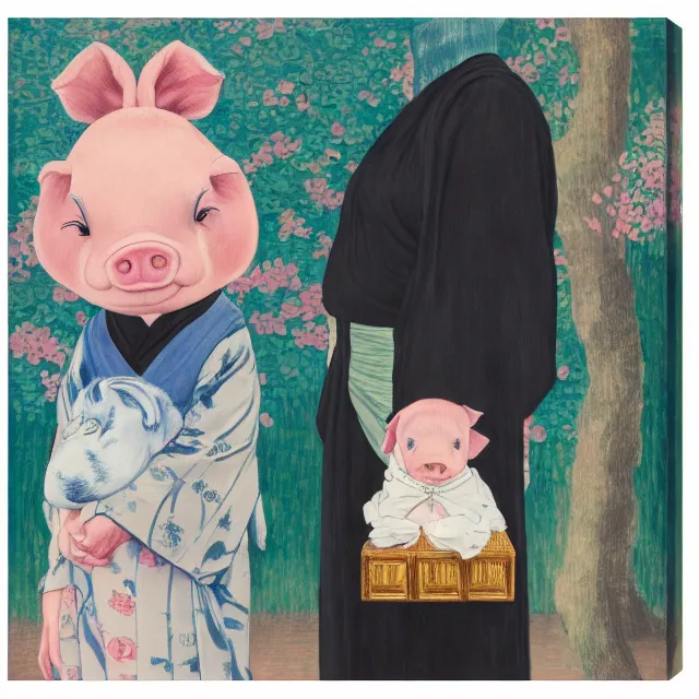 Image similar to tall emo female artist holding small portraits and piglet on a train, wearing a kimono, on yamanote line in japan, tokyo station, summer, sweat, ice coffee, pigs, octopus, acrylic on canvas, surrealist, by magritte and monet