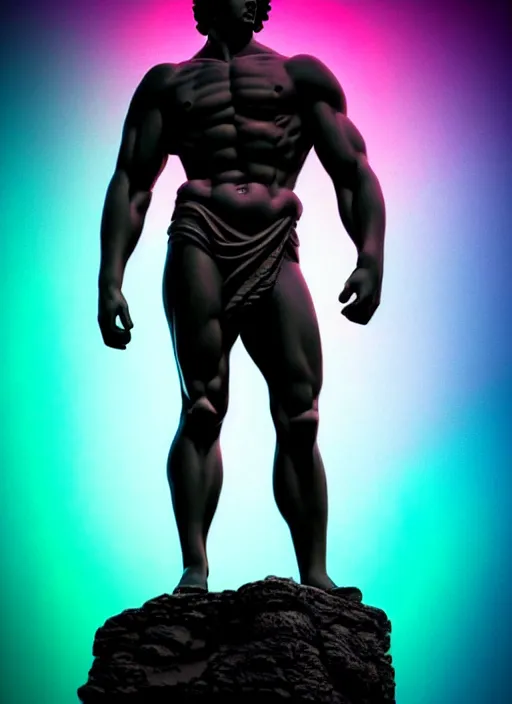 Image similar to statue of hercules looking angry, beeple, vaporwave, retrowave, black background, neon, black, glitch, strong contrast, neon wiring, cuts, american gods intro, pinterest, trending on artstation