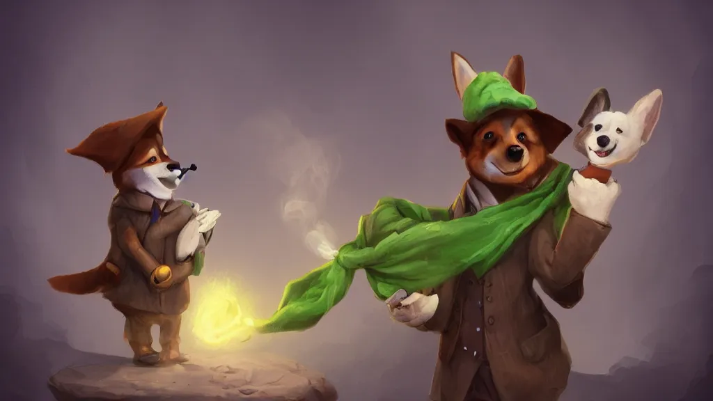 Image similar to An anthropomorphic corgi with a smoking pipe and a green scarf around his neck dressed as a wandering salesman in a fantasy setting, dreamscape, dramatic lighting, fantasy art illustration, trending on artstation, Aetherpunk