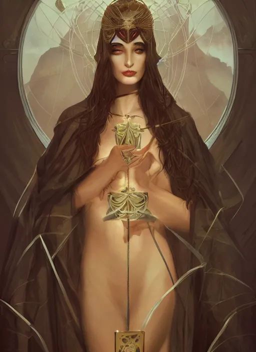 Image similar to tarot!!, high priestess, no noise, elegant, concept art, sharp focus, beautiful face!!, digital art, smooth defined outlines!!, human anatomy, human structure, vector background, dark fantasy, by Brom, trending on Artstation, Tom Bagshaw, Sargent